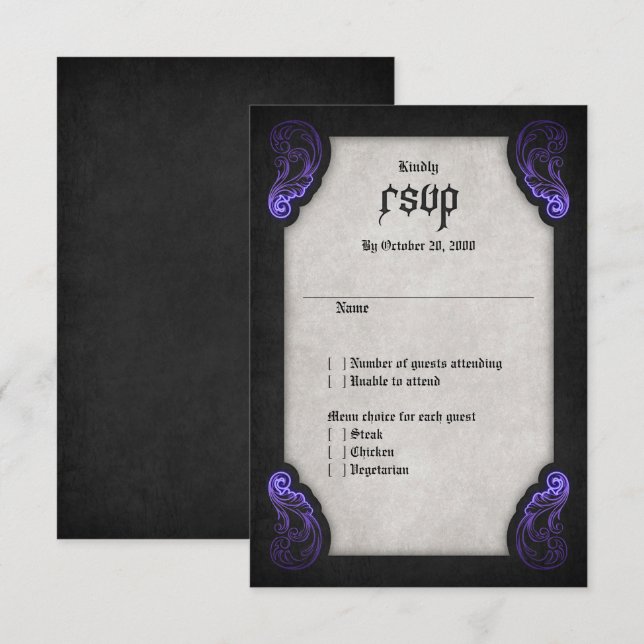 Tarjeta De Confirmación De Asistencia Boda gótico morado negro (Anverso / Reverso)