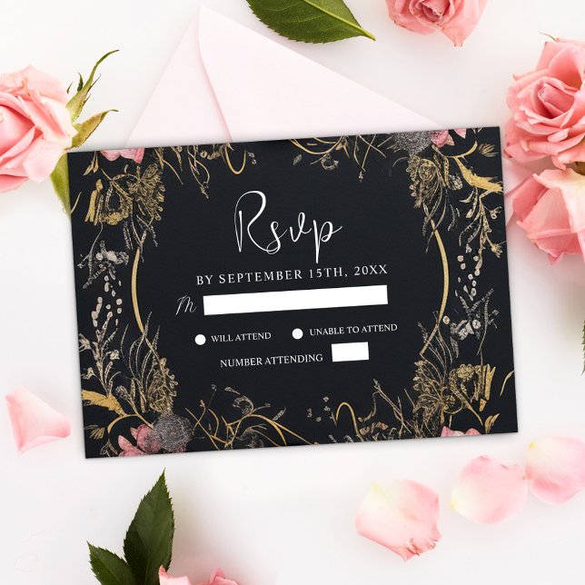 Tarjeta De Confirmación De Asistencia Boda gótico negro floral único (Unique Dark Gothic Black Floral Wedding RSVP Card)