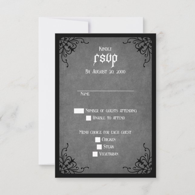 Tarjeta De Confirmación De Asistencia Boda gótico negro gris (Anverso)