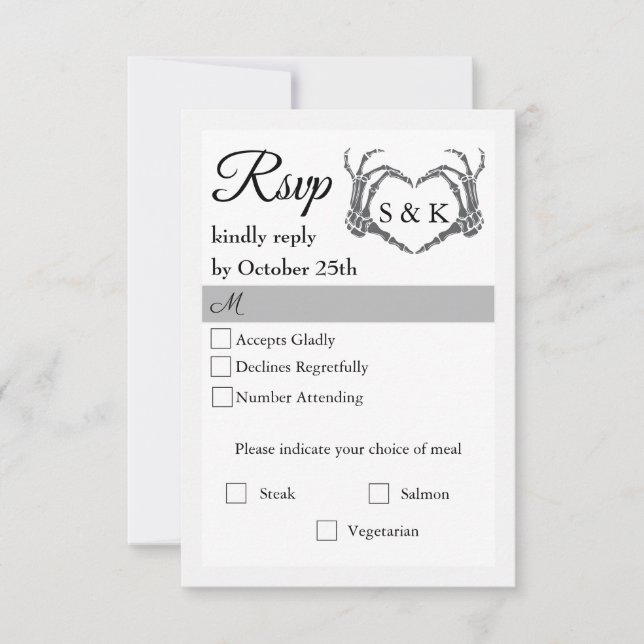 Tarjeta De Confirmación De Asistencia Boda Gótico Romántico Skeleton Hand Halloween (Anverso)