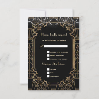 Tarjeta De Confirmación De Asistencia Boda Gran Gatsby Dorado Negro Art Deco 1920