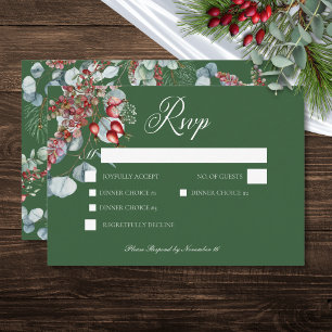 Tarjeta De Confirmación De Asistencia Boda Green Winter Pine Berries Eucalyptus