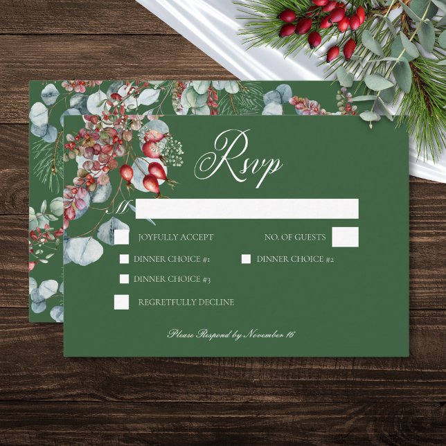 Tarjeta De Confirmación De Asistencia Boda Green Winter Pine Berries Eucalyptus (Green Winter Pine Berries Eucalyptus Wedding RSVP Card)