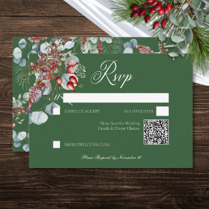 Tarjeta De Confirmación De Asistencia Boda Green Winter Pine Berries Eucalyptus
