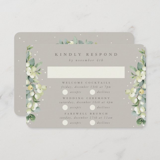 Tarjeta De Confirmación De Asistencia Boda Greige Snowberry+Eucalyptus multievento (Anverso / Reverso)