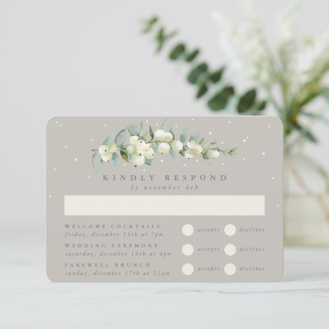 Tarjeta De Confirmación De Asistencia Boda Greige Snowberry+Eucalyptus multievento (Anverso de pie)