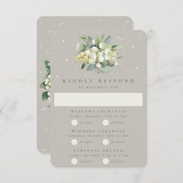 Tarjeta De Confirmación De Asistencia Boda Greige Snowberry+Eucalyptus multievento (Anverso / Reverso)