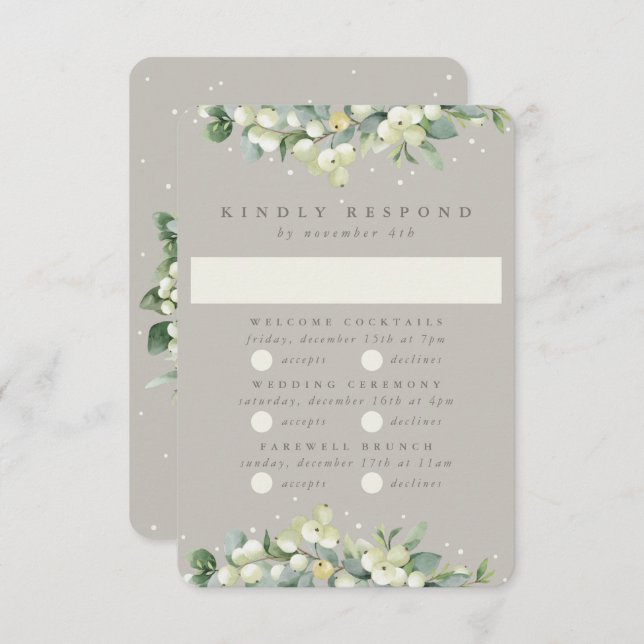 Tarjeta De Confirmación De Asistencia Boda Greige Snowberry+Eucalyptus multievento (Anverso / Reverso)