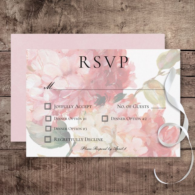 Tarjeta De Confirmación De Asistencia Boda Hidrangea de Rubor rosa moderno (Modern Pink Blush Hydrangea Wedding Response Card with Dinner Options)