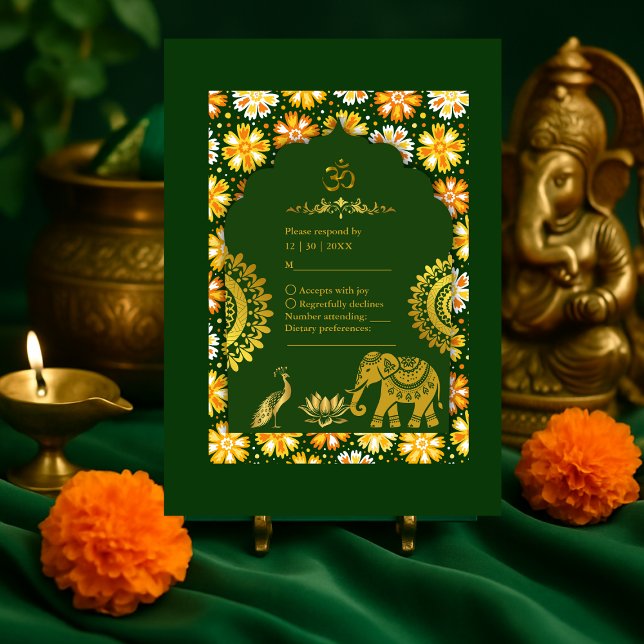 Tarjeta De Confirmación De Asistencia Boda hindú tradicional de Esmeralda Marigold (Subido por el creador)
