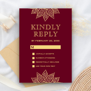 Tarjeta De Confirmación De Asistencia Boda India Burgundy Dorado Henna Mehendi