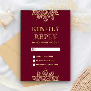 Tarjeta De Confirmación De Asistencia Boda India Burgundy Dorado Henna Mehendi