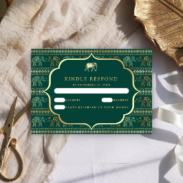 Tarjeta De Confirmación De Asistencia Boda India del Elefante de Oro y Verde Esmeralda