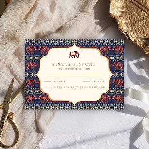 Tarjeta De Confirmación De Asistencia Boda india elefante azul marino borgoña dorado