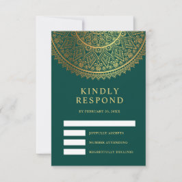 Tarjeta De Confirmación De Asistencia Boda India Mandala Dorado Verde Teal Tradicional