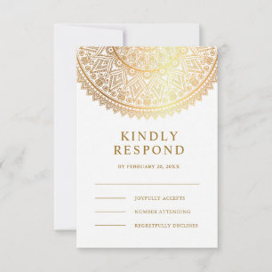 Tarjeta De Confirmación De Asistencia Boda India Tradicional de Mandala de Oro Blanco