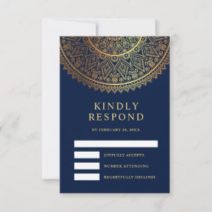 Tarjeta De Confirmación De Asistencia Boda India Tradicional Mandala Azul Dorado