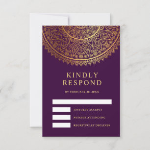 Tarjeta De Confirmación De Asistencia Boda India Tradicional Mandala Púrpura Dorado