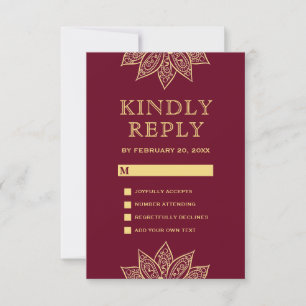 Tarjeta De Confirmación De Asistencia Boda indio Mehendi Henna Gold Burgundy