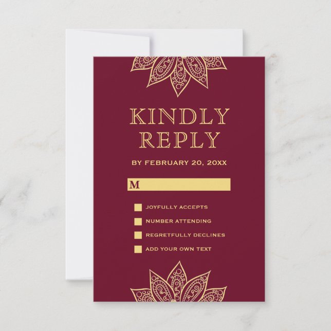 Tarjeta De Confirmación De Asistencia Boda indio Mehendi Henna Gold Burgundy (Anverso)