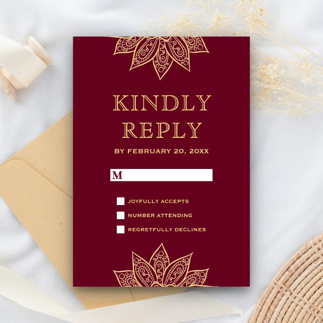 Tarjeta De Confirmación De Asistencia Boda indio Mehendi Henna Gold Burgundy (Subido por el creador)