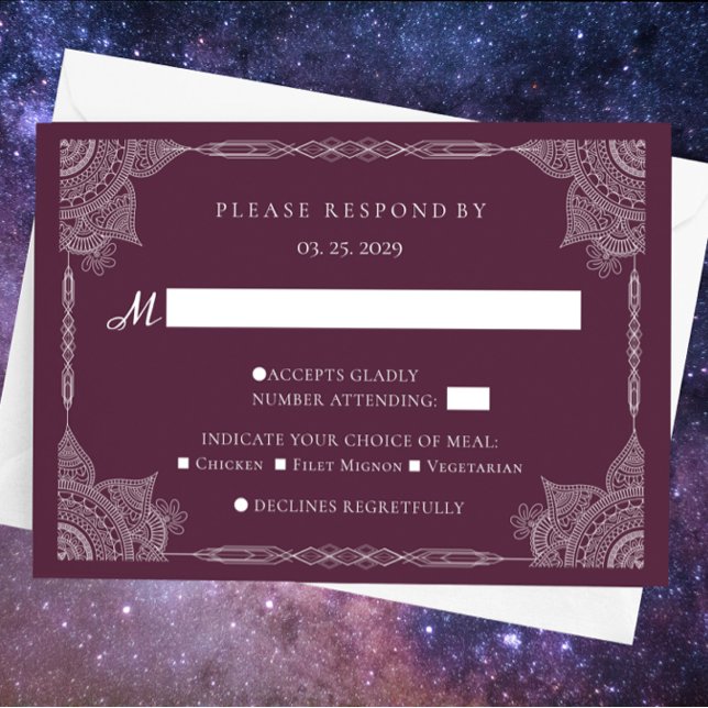 Tarjeta De Confirmación De Asistencia Boda indio Purple Paisley Mandala (Subido por el creador)