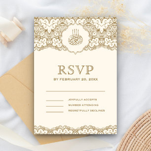 Tarjeta De Confirmación De Asistencia Boda islámica musulmana de encaje dorado y crema