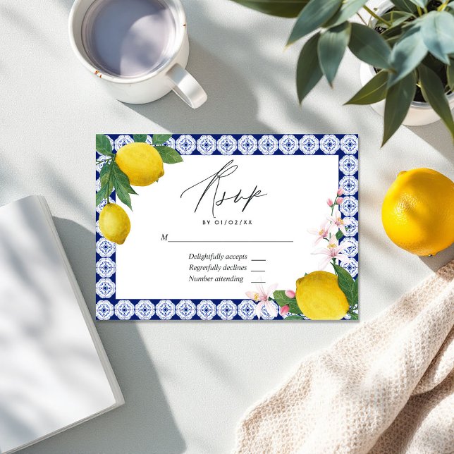 Tarjeta De Confirmación De Asistencia boda italiano "La Dolce Vita" con limón ("La Dolce Vita" Lemon Tile Italian Wedding RSVP Card)