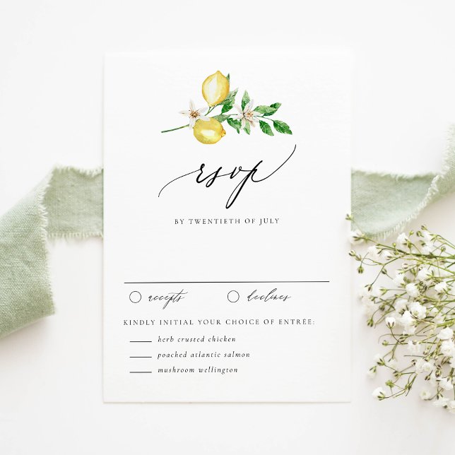 Tarjeta De Confirmación De Asistencia Boda Jardín Botánica de Limón y Verdor (Customizable RSVP Card with Watercolor Lemons, Blossoms & Greenery | RSVP with Date & Entree Choices)