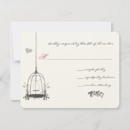 Tarjeta De Confirmación De Asistencia Boda Jaula de Pájaro Gris Vintage con Acentos Rosa