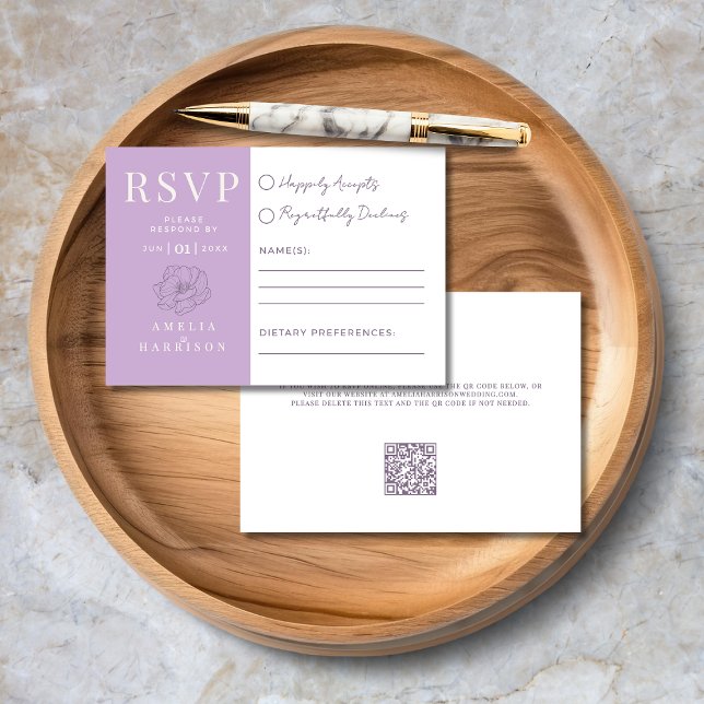 Tarjeta De Confirmación De Asistencia Boda Lilac Purple Floral Elegante (Lilac Purple Floral Elegant Wedding RSVP Card with Dietary Preferences, QR Code, Wedding Website.)