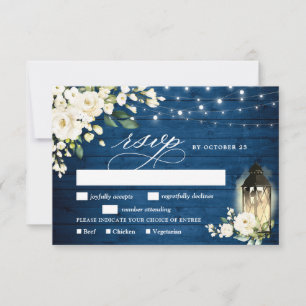 Tarjeta De Confirmación De Asistencia Boda Linterna de madera azul de rosas blancas