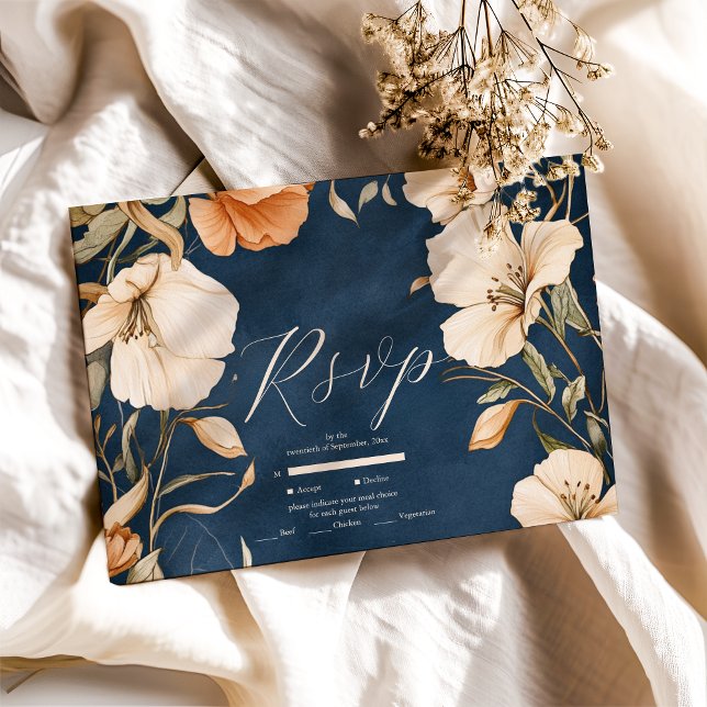 Tarjeta De Confirmación De Asistencia Boda marfileño elegante azul de la Marina (Subido por el creador)