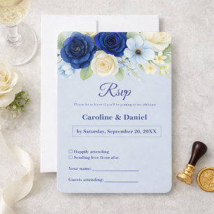 Tarjeta De Confirmación De Asistencia Boda Marina Real Azul Agua Flores de Marfil Acuare