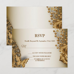 Tarjeta De Confirmación De Asistencia Boda Mariposa Floral Beige Dorado Vintage