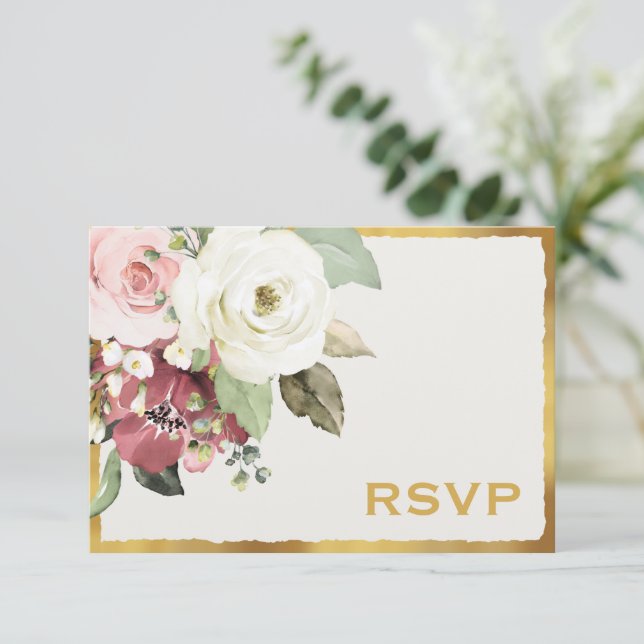 Tarjeta De Confirmación De Asistencia Boda Mauve Pink Florals Luxe Gold Edge (Anverso de pie)