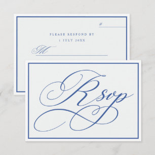 Tarjeta De Confirmación De Asistencia Boda Minimal Flourish Caligrafía Azul Blanco