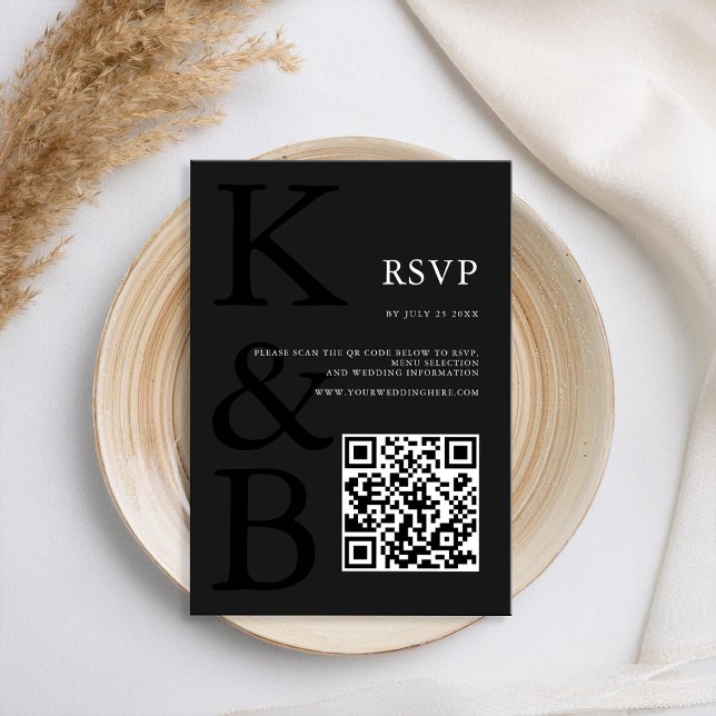Tarjeta De Confirmación De Asistencia Boda Minimalista de monograma negro mate moderno (Subido por el creador)