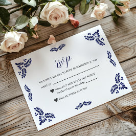 Tarjeta De Confirmación De Asistencia Boda Minimalista floral azul de Talavera mexicana