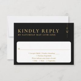 Tarjeta De Confirmación De Asistencia Boda Minimalista Monograma Negro y Dorado