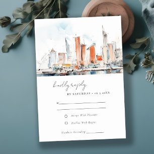 Tarjeta De Confirmación De Asistencia Boda mínimo de acuarela de Miami Florida Skyline