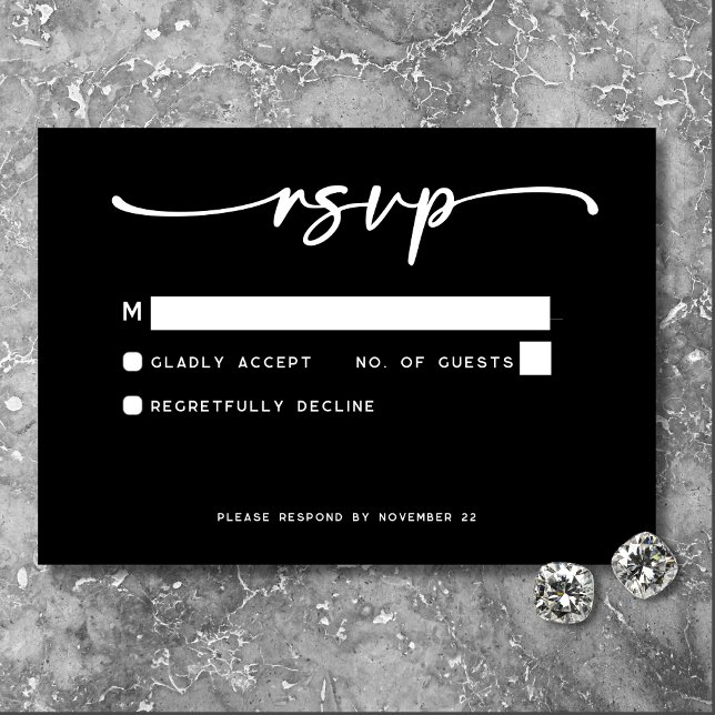 Tarjeta De Confirmación De Asistencia Boda mínimo de escritura blanca negra moderna (Modern Black White Script Photo Wedding No Dinner RSVP Card)