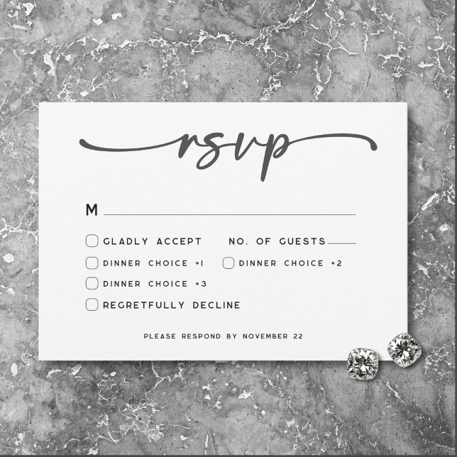 Tarjeta De Confirmación De Asistencia Boda mínimo de escritura blanca negra moderna (Modern Black White Script Photo Wedding RSVP Card)