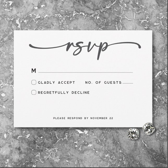 Tarjeta De Confirmación De Asistencia Boda mínimo de escritura blanca negra moderna (Modern Black White Script Photo Wedding No Dinner RSVP Card)