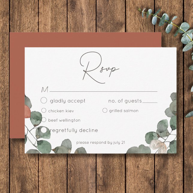 Tarjeta De Confirmación De Asistencia Boda mínimo de hueso de eucalipto verde de óxido (Minimal Rust Green Eucalyptus Wreath Wedding RSVP Card)