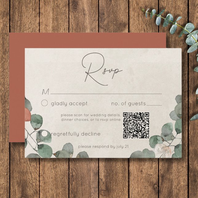 Tarjeta De Confirmación De Asistencia Boda mínimo de uña de eucalipto verde rojizo QR (Minimal Rust Green Eucalyptus Wreath Wedding QR RSVP Card)