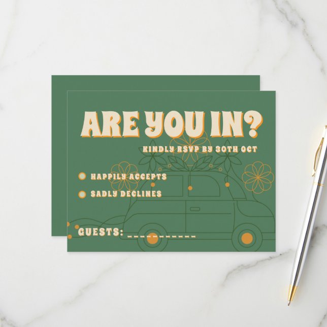 Tarjeta De Confirmación De Asistencia Boda mínimo de Vosvos verdes (Anverso/Reverso In Situ)