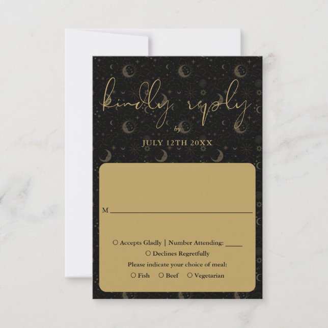 Tarjeta De Confirmación De Asistencia Boda Místico Celestial Negro Y Oro (Anverso)