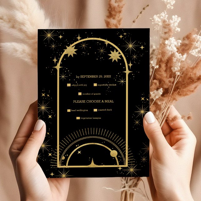 Tarjeta De Confirmación De Asistencia Boda místico de estrellas celestes de oro negro (Subido por el creador)