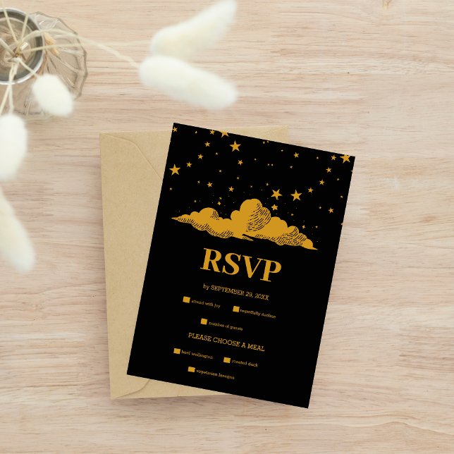 Tarjeta De Confirmación De Asistencia Boda místico de estrellas celestes de oro negro (Subido por el creador)